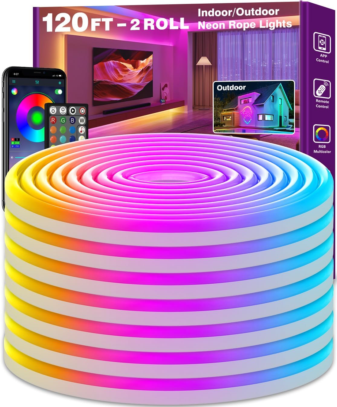 SINLEY Led Neon Rope Lights 120FT,Control with App/Remote,Flexible Led Rope Lights,Multiple Modes,IP68 Outdoor RGB Neon Lights Waterproof,Music Sync Gaming Led Strip Lights for Bedroom Indoor