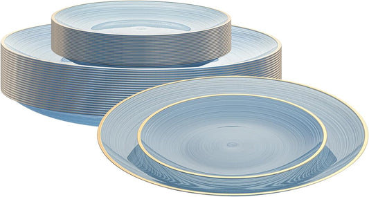 Restaurantware Plastic Plates 40 Pcs 7.13" and 10" Combo Gold Rimmed Plate Set Disposable Heavy-Duty Blue Translucent Rippled Plastic Dinner Servers for Party, Weddings, Salads, Desserts