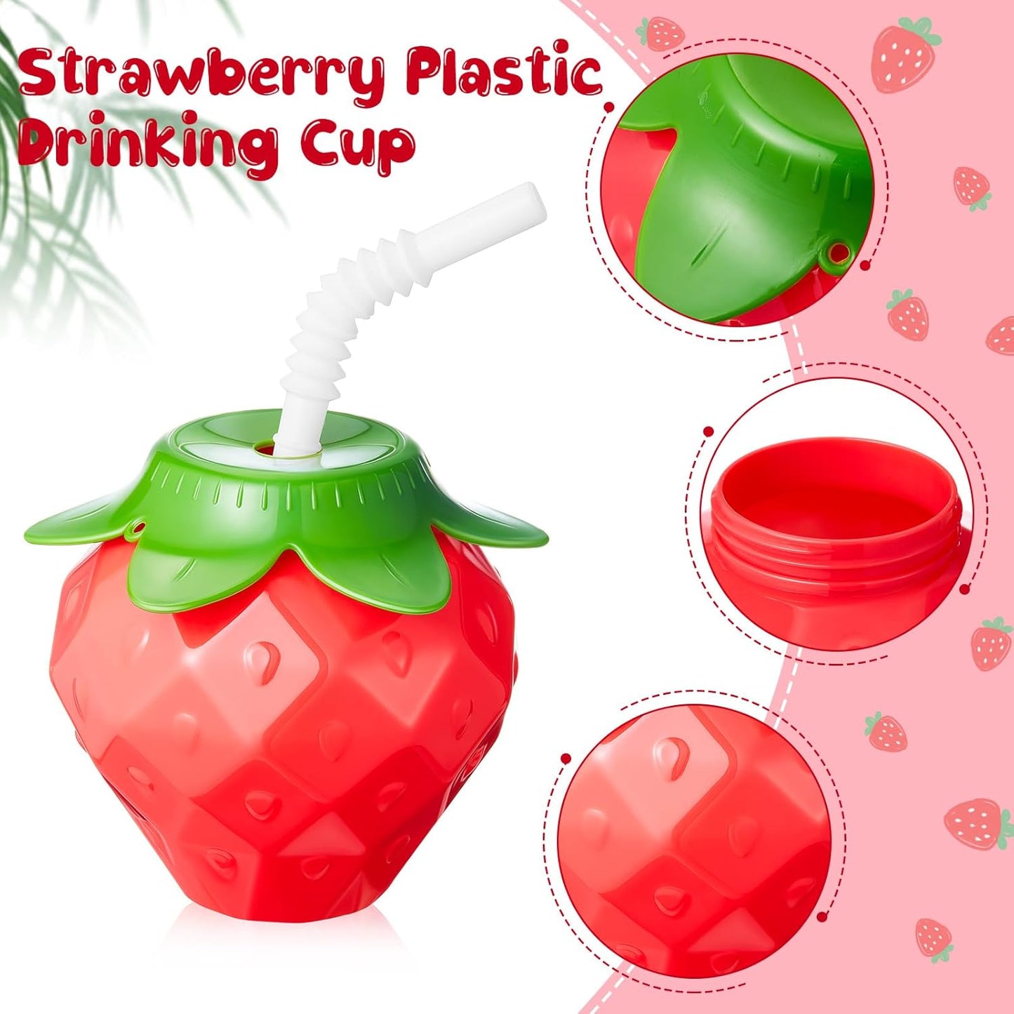 Havawish 12 Pcs Strawberry Shaped Cup with Lids and Straws, 17oz Strawberry Birthday Party Supplies Plastic Portable Reusable Cute Cups Water Bottle for Girls Women Drinking
