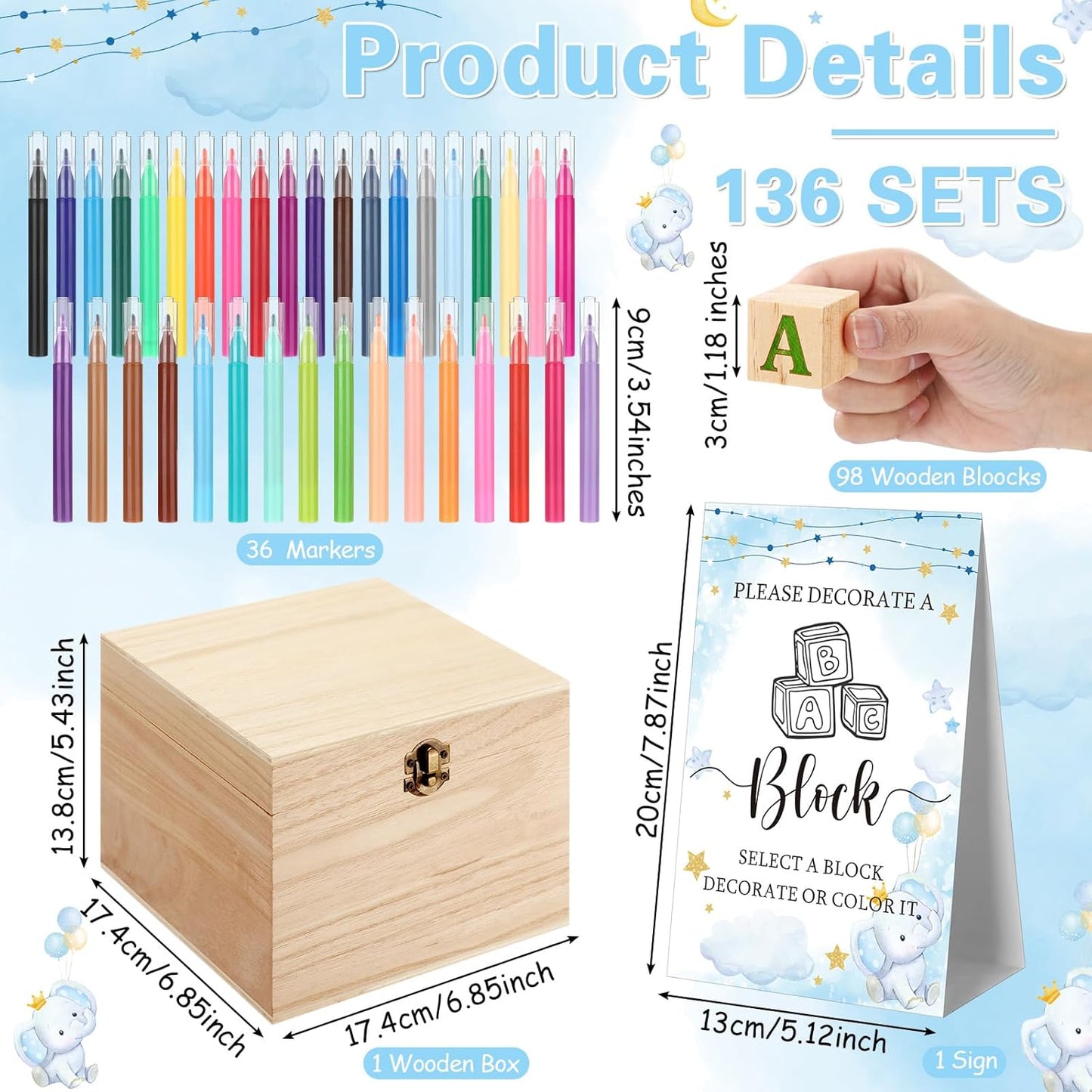Marsui 136 Pcs Baby Shower Blocks to Decorate Game Kit Includes 98 Wooden Blocks, 36 Markers, 1 Game Sign, 1 Storage Box for Baby Shower Gender Reveal Activity Party Decorations(Blue Elephant)