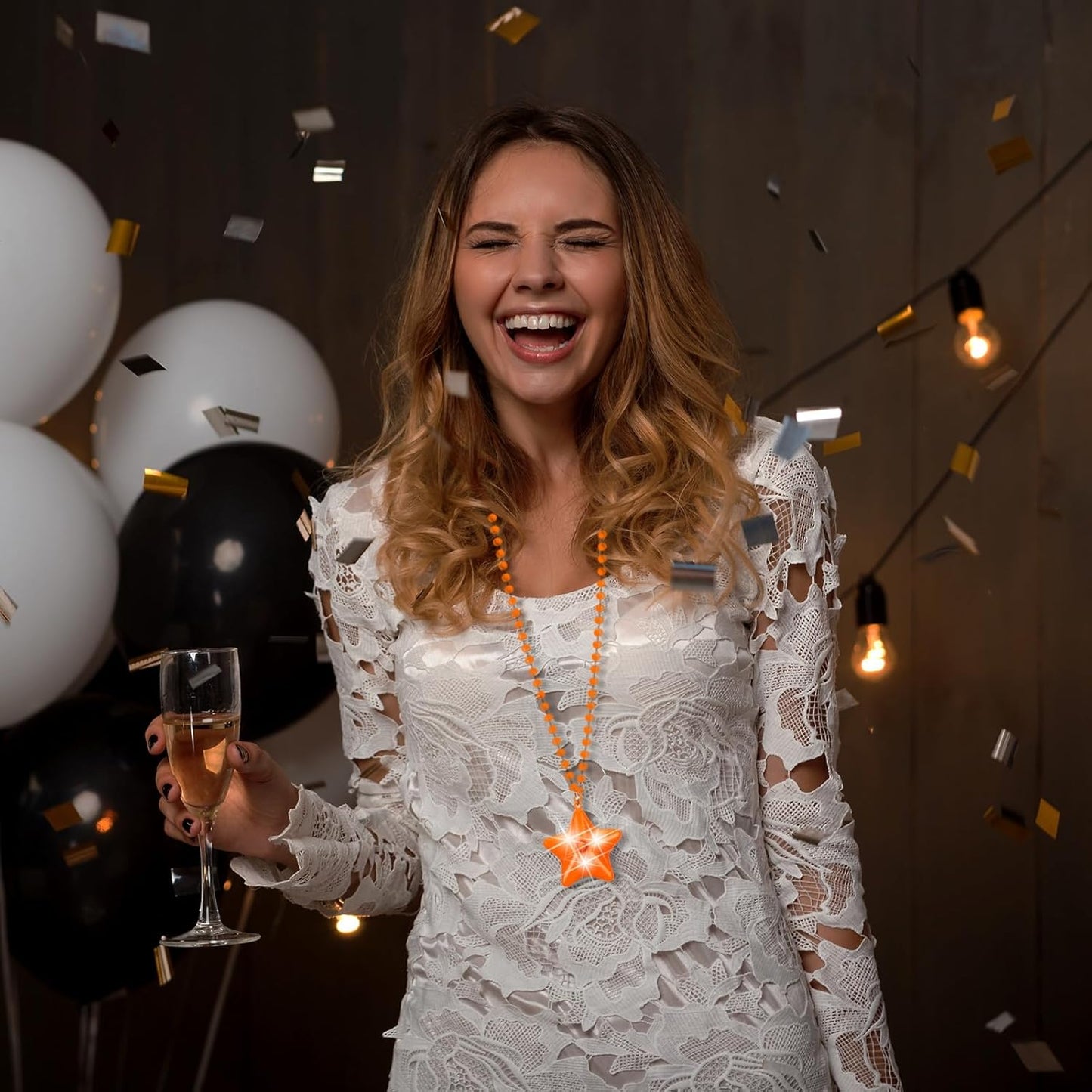 6 Pack Orange LED Glow Star Necklace Bulk Beaded Necklaces for Halloween Christmas Decorations Mardi Gras Party Favors