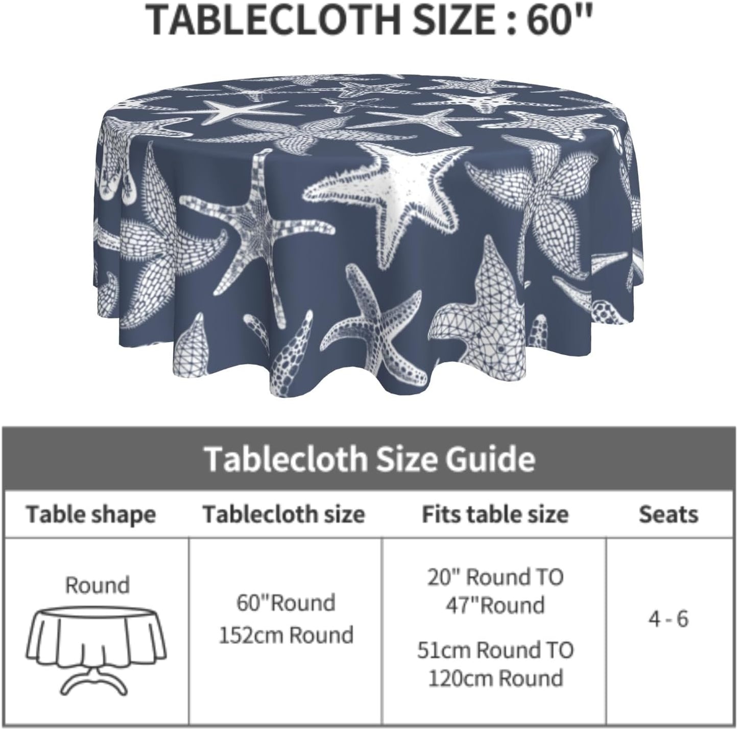 Giwawa 60Inch Navy Blue Starfish Round Tablecloth, Summer Nautical Coastal Decorative Circle Table Cover, Dustproof Washable Table Cloth Polyester for Kitchen Dining Party Picnic Season