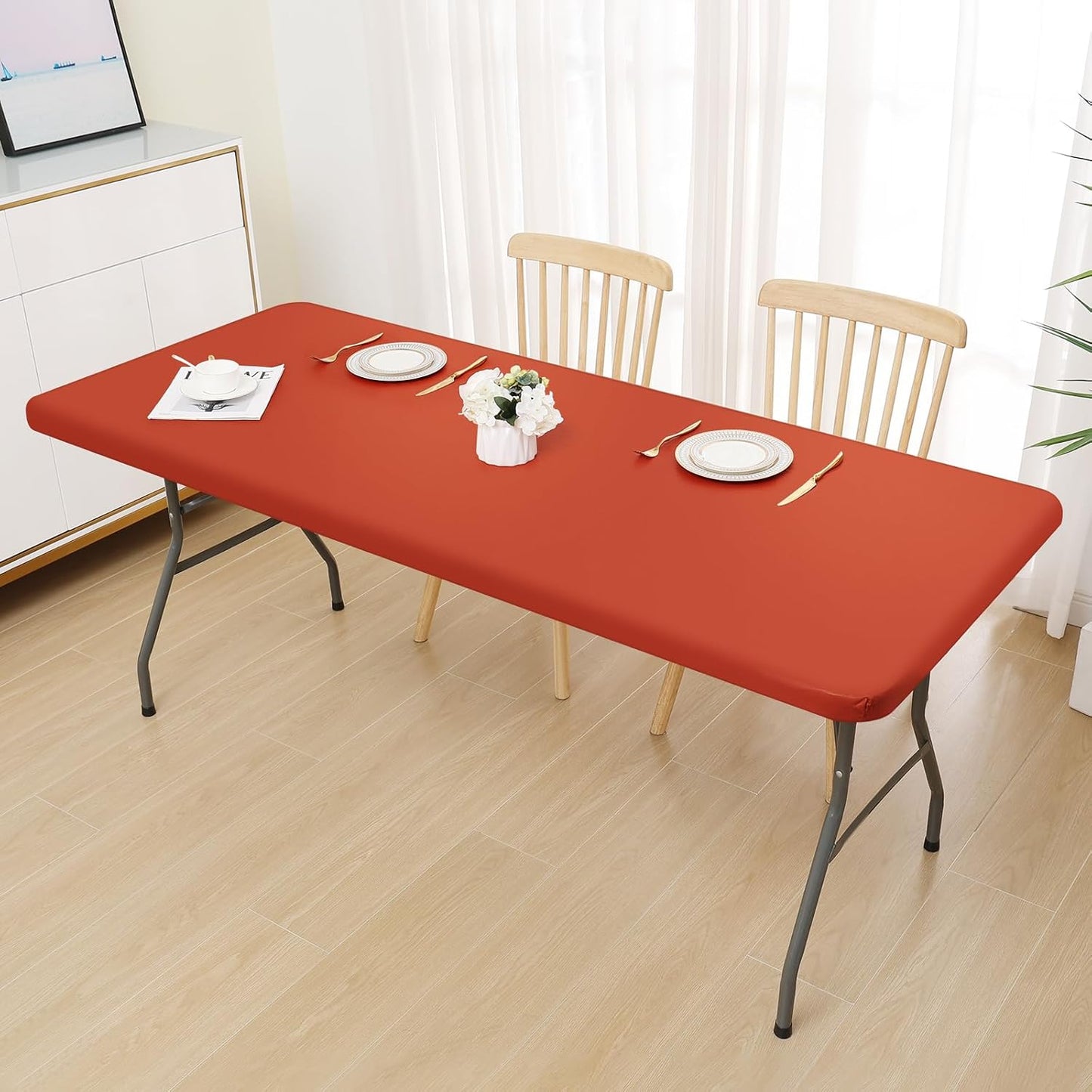 Smiry Rectangle Tablecloth, Elastic Fitted Flannel Backed Vinyl Tablecloths for 6ft Folding Tables, Waterproof Wipeable Table Covers for Indoor, Outdoor, Picnic and Camping (Rust, 30"x72")