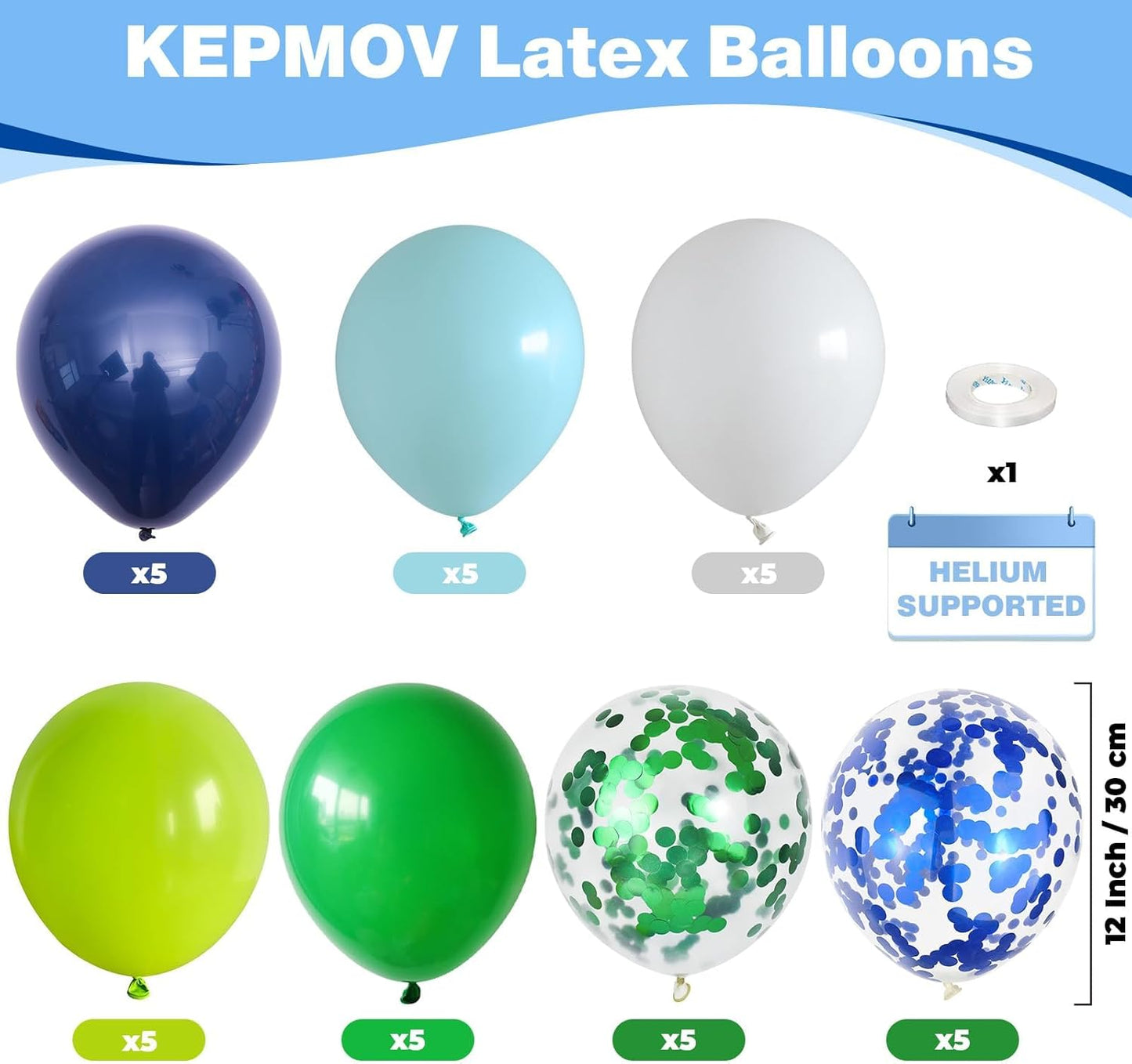 Blue and Green Balloons, 12 Inch Navy Blue Dark Green Balloons, Fruit Teal Blue White Latex Balloon with Confetti Balloon for Birthday Football Video Game Jungle Dinosaur Theme Party