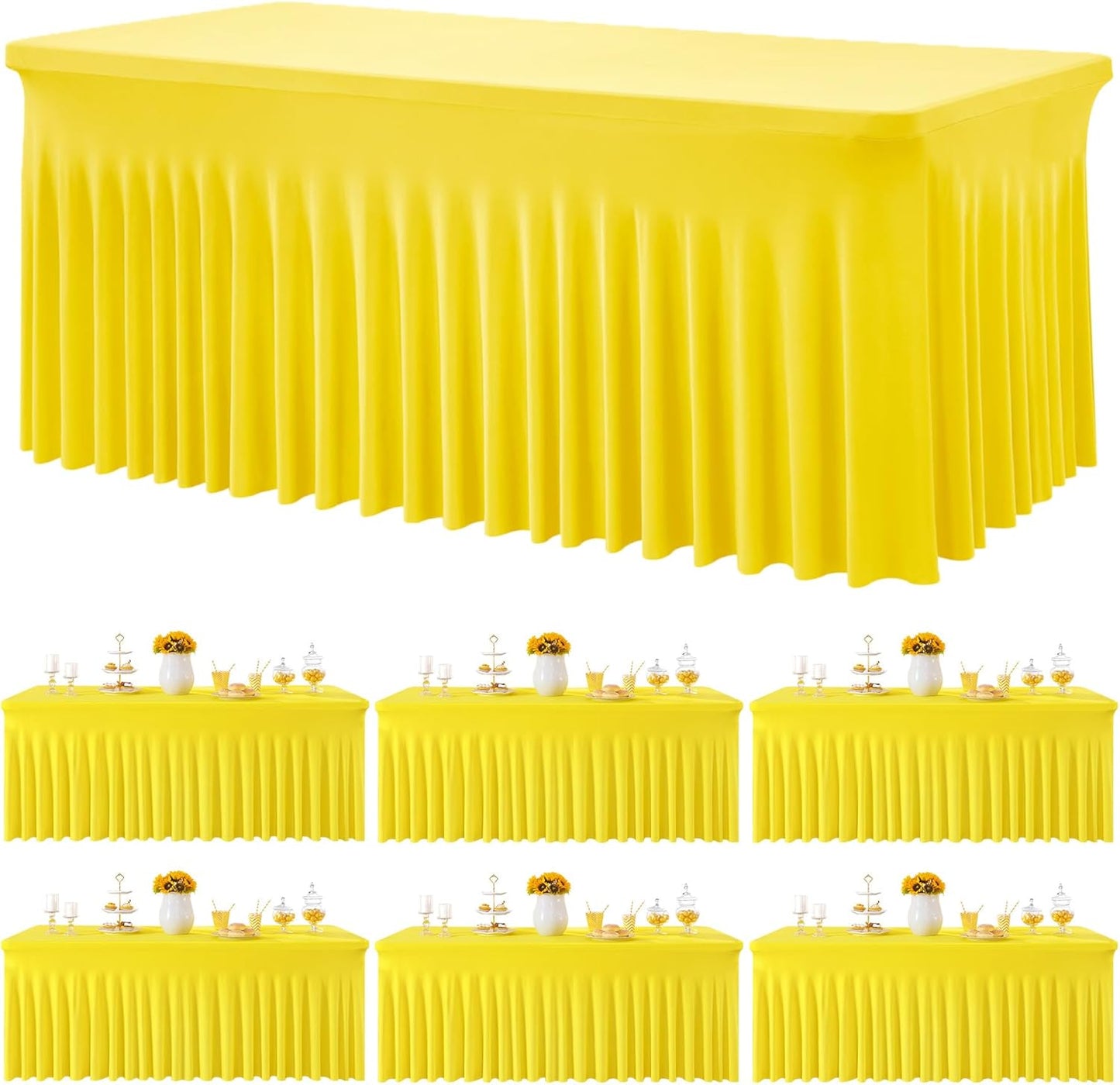 6 Pack Yellow Spandex Tablecloth for 6 Foot Rectangle Tables, Wrinkle Free Fitted Table Cloth Cover 6ft Yellow Stretchy Tablecloths with Skirt for Parties Weddings Birthday Banquet Baby Shower