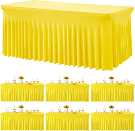 6 Pack Yellow Spandex Tablecloth for 6 Foot Rectangle Tables, Wrinkle Free Fitted Table Cloth Cover 6ft Yellow Stretchy Tablecloths with Skirt for Parties Weddings Birthday Banquet Baby Shower