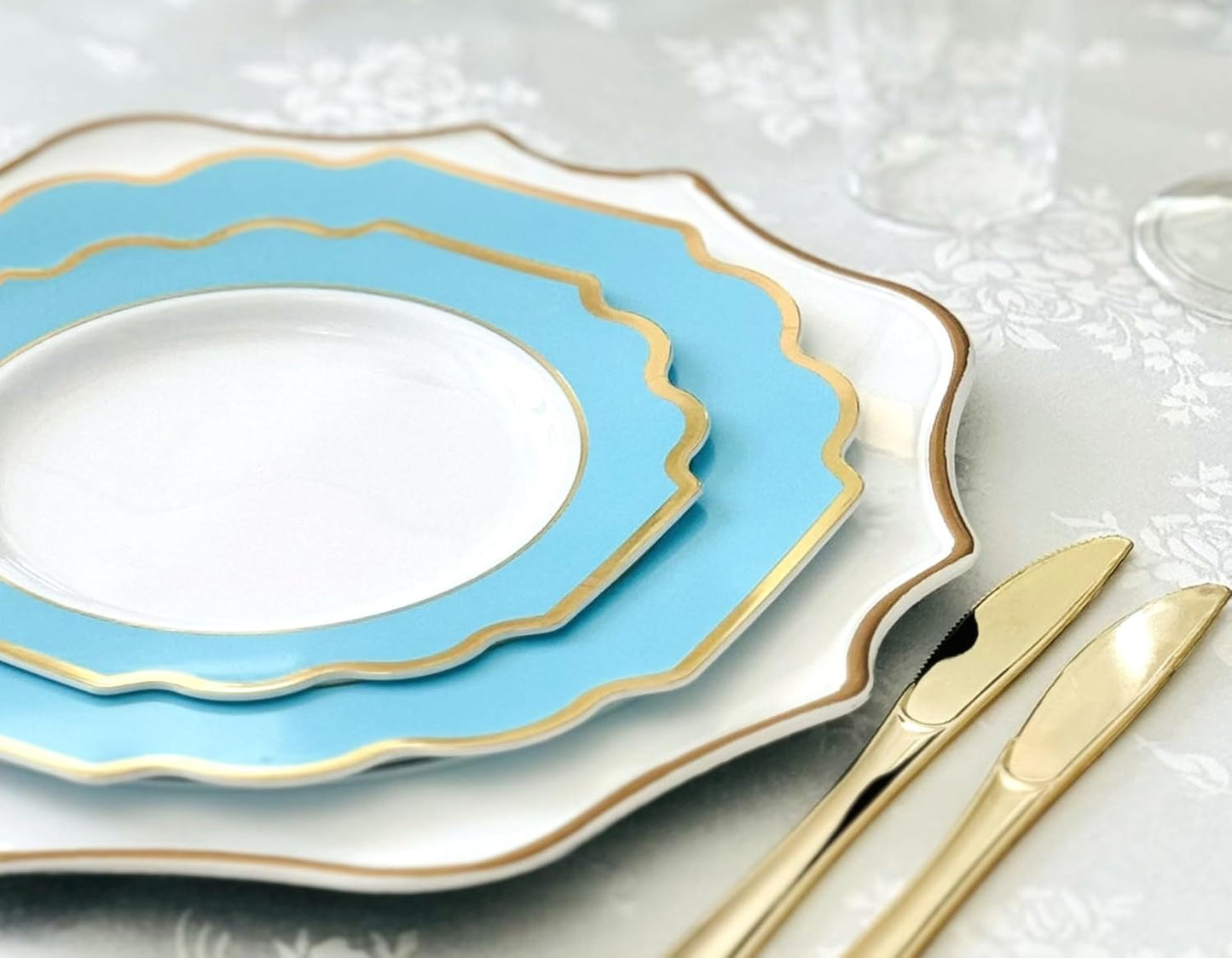 " OCCASIONS " 120 Plates Pack,(60 Guests) Heavyweight Wedding Party Disposable Plastic Plates -60 x 10.5'' Dinner + 60 x 8'' Salad/Dessert Plate (Imperial Aqua/Gold))
