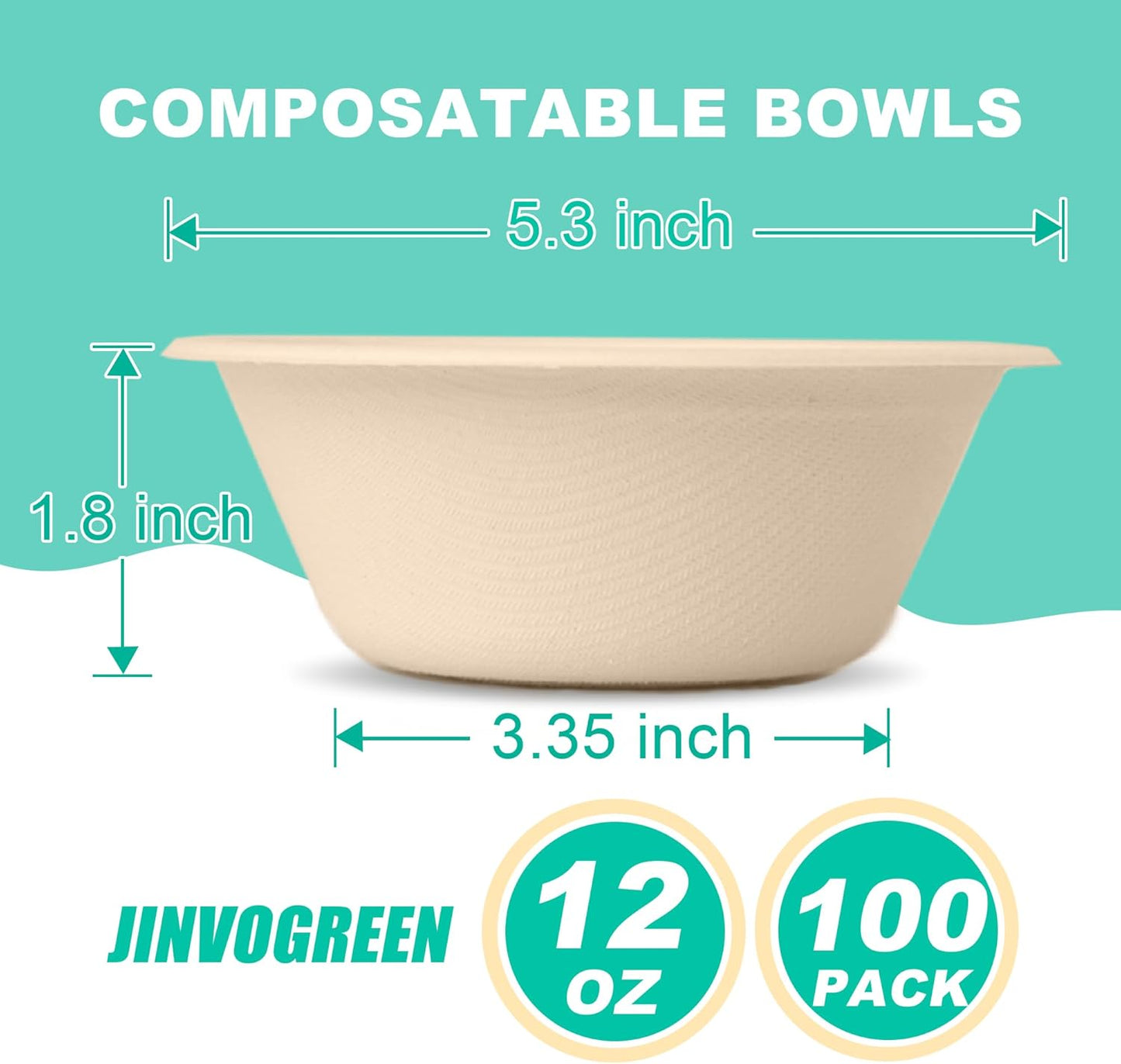 12 oz Paper Bowls, 100 Count Disposable Compostable Bowls, Heavy Duty Biodegradable Bagasse Bowl for Snacks, Soup, and Salads, Natural