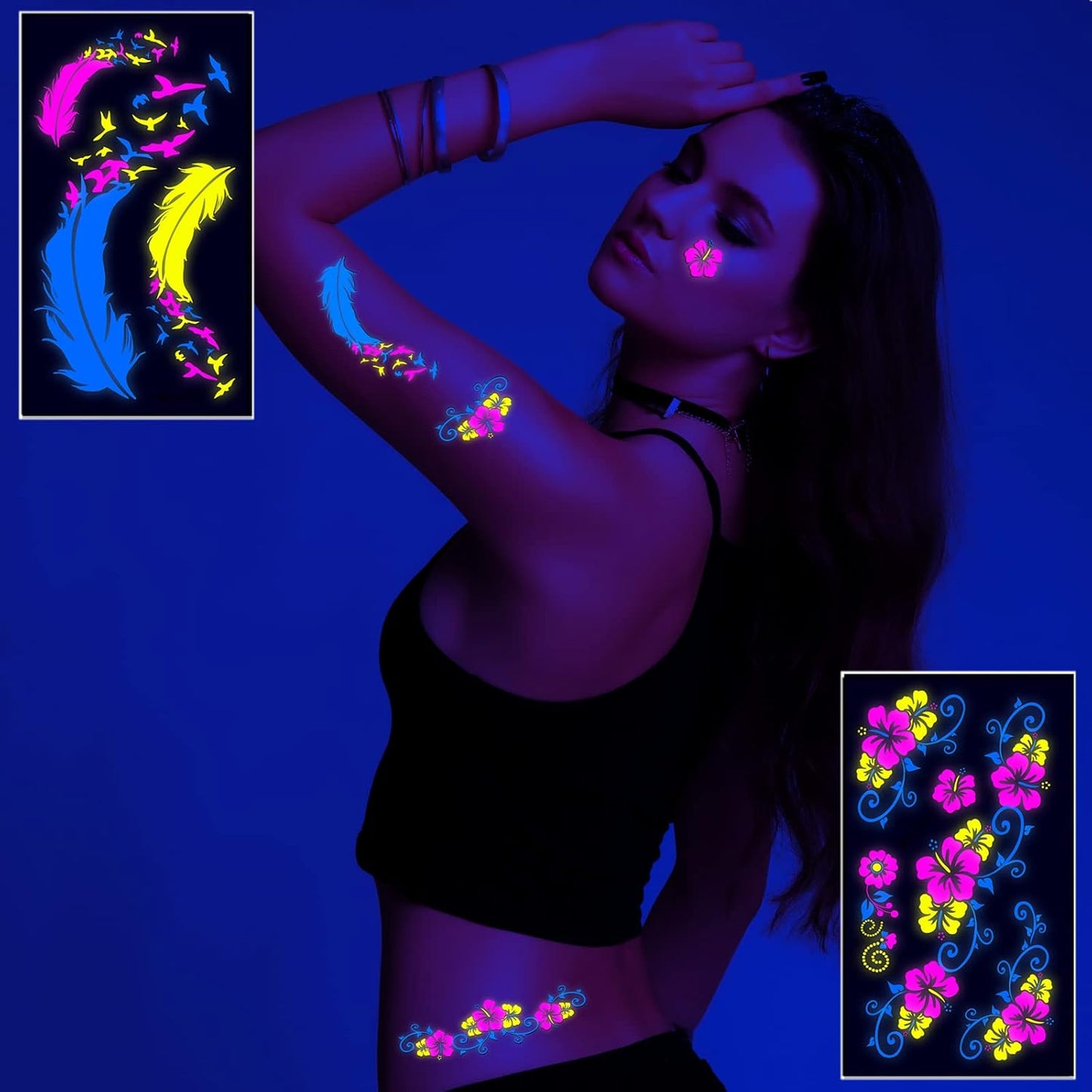 Neon Temporary Tattoos Glow In The UV Neon Tattoos Stickers 61 Glitter Styles Flowers Butterfly Feather Colorful Fake Waterproof Tattoos for Women Girls Party Decoration