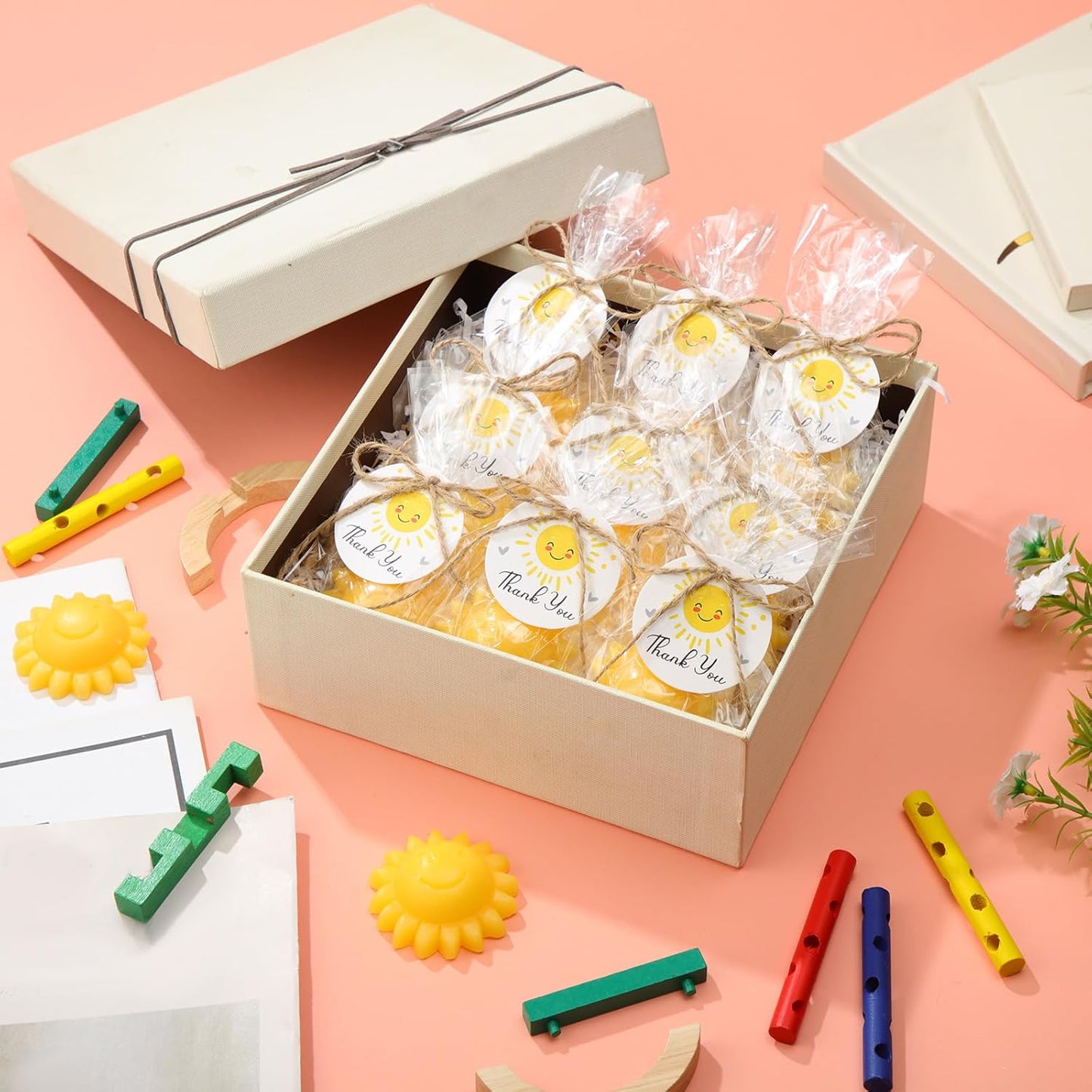 Demissle 20 Pcs Sun Soap Baby Shower Favors for Sunshine Party Here Comes the Son Baby Favors Mini Handmade Soap Gifts with Thank You Card for Guest Gender Reveal Party Decor(Yellow)