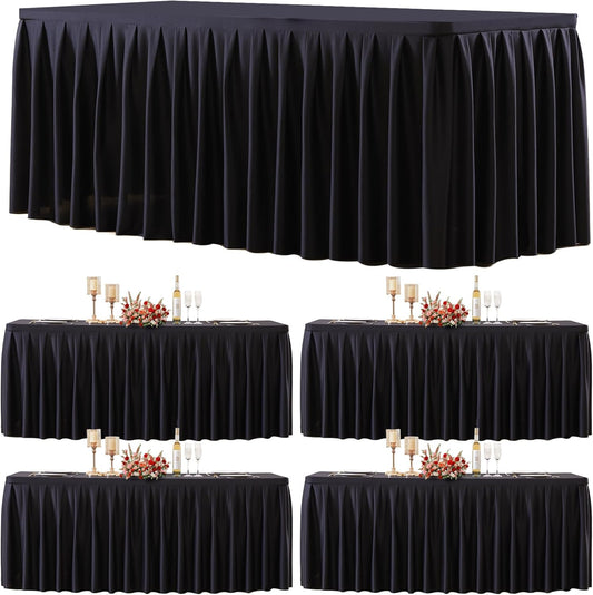 4 Pack Black Rectangle Tablecloth 8 FT Stretch Spandex Fitted Table Cloth for 8 Foot Rectangle Tables Banquet Tablecloths Wrinkle Free Table Cover Skirt Ruffle Tablecloth for Party Wedding Birthday