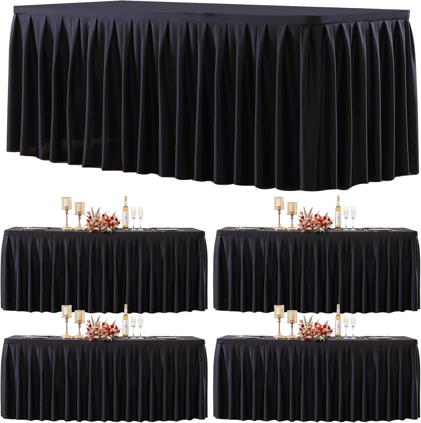 4 Pack Black Rectangle Tablecloth 6 FT Stretch Spandex Fitted Table Cloth for 6 Foot Rectangle Tables Banquet Tablecloths Wrinkle Free Table Cover Stitch Ruffle Table Skirt for Party Wedding Birthday