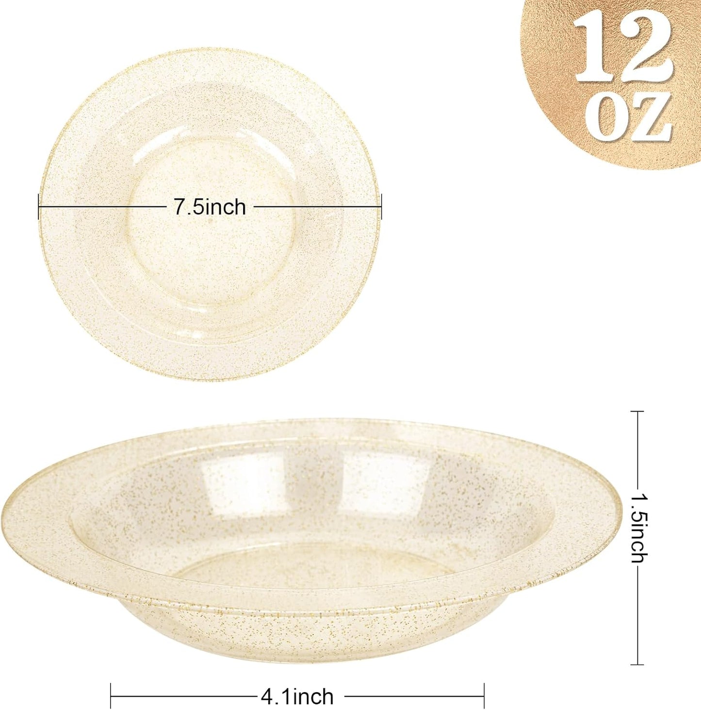 bUCLA 120 Pack Disposable Plastic Bowls - 12oz Clear Gold Glitter Party Bowls for Salads, Desserts, Soups - Premium Disposable for Parties & Thanksgiving