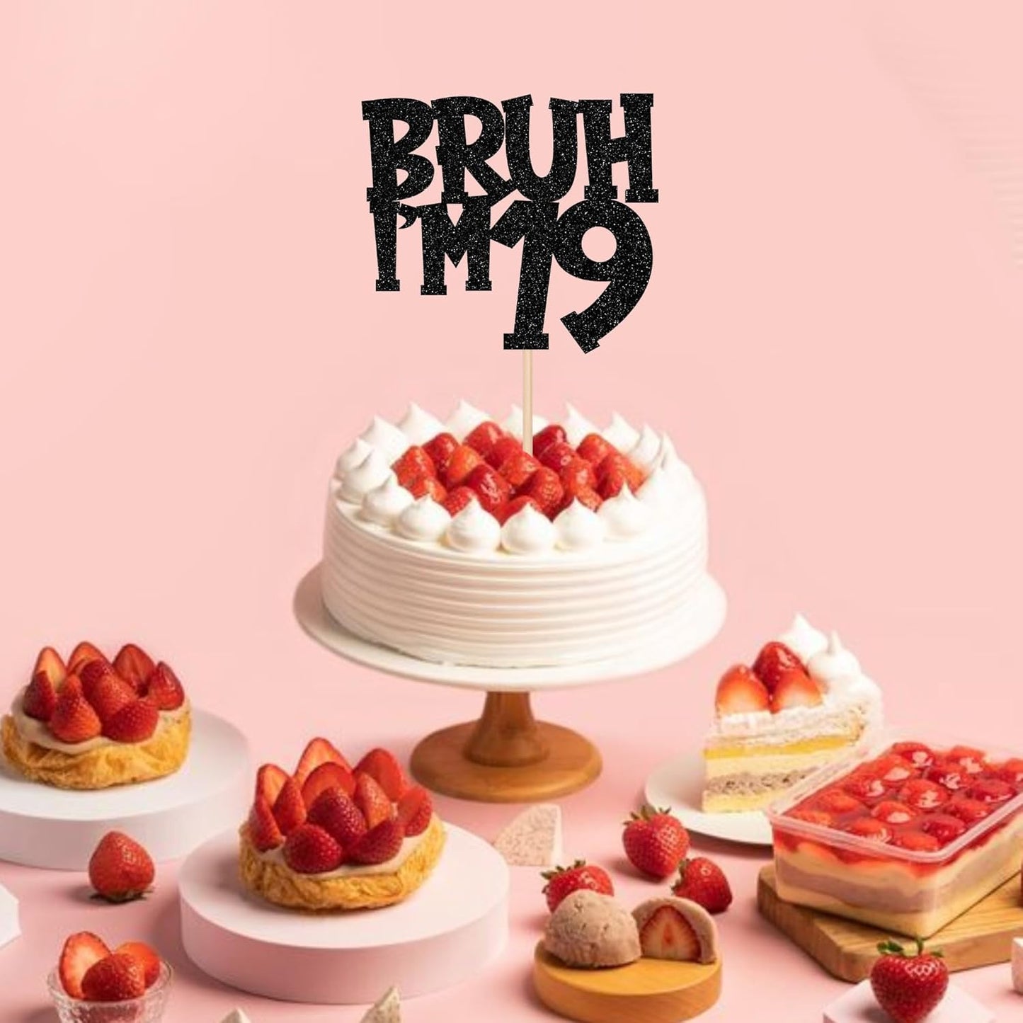 1 PCS Bruh I'm 19 Cake Topper Black Glitter Happy 19th Birthday Cake Pick Bro I'm 19 It's My 19th Birthday Cake Decoration for Cheers to 19 Years Birthday Party Decorations Supplies