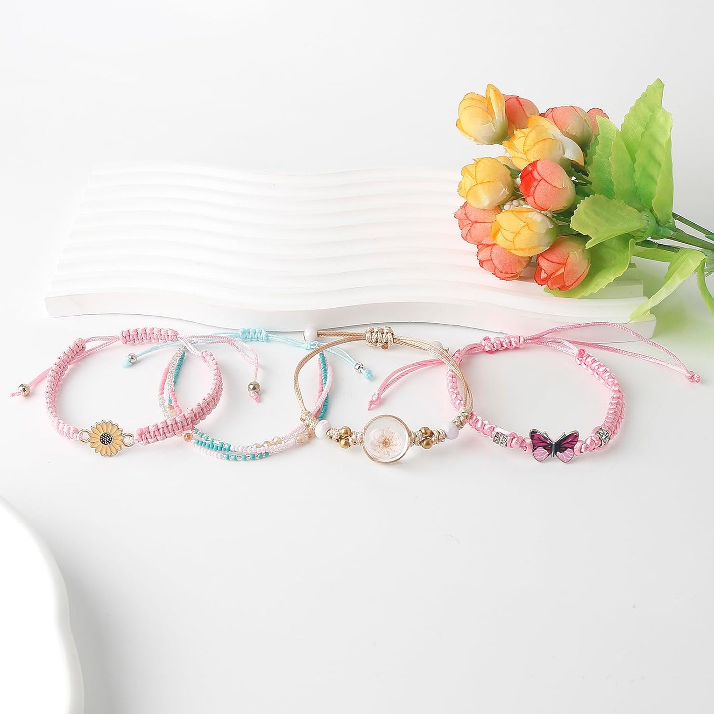 DS 4PCS String beads Charm Bracelets for Teen Girls Dainty cute cartoon Butterfly Daisy Eternal flower Beads Bracelets set for woman and girls Adjustable Stretch bracelet birthday Gift For Friends