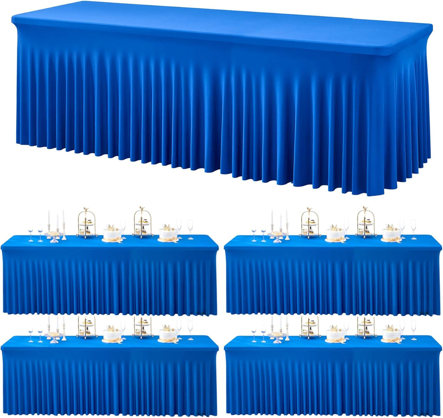 4 Pack Spandex Royal Blue Tablecloths for 8 Foot Rectangle Tables, Wrinkle Free Fitted Table Cloth 8ft Blue Stretchy Tablecover Skirt for Parties Weddings Birthday Banquet Baby Shower