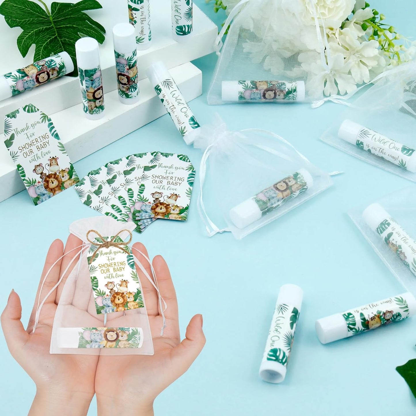 50 PCS Baby Shower Jungle Animal Lip Balms Favors for Guests,Baby Shower Games Gifts Boys Girls Neutral Gender Reveal Lip Balm with Thank You Card,Jungle Animal Birthday Party Supplies Decorations.