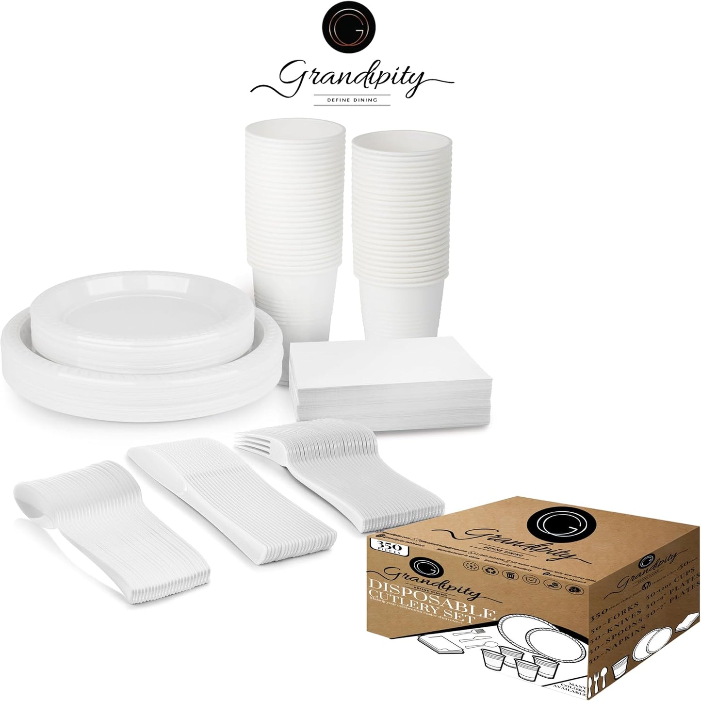 350 Piece WHITE Disposable Dinnerware Set 50 Guests, Plastic Party Plates And Cups And Napkins Sets - 50 Count 9" Dinner Plates, 7" Dessert Plates, 12oz Cups, Paper Napkins, Forks, Knives & Spoons