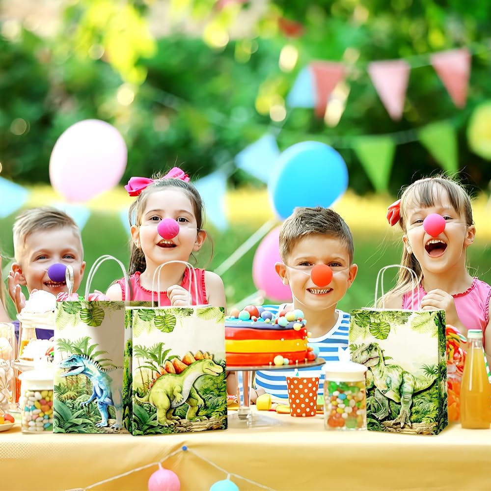 24 Pcs Dinosaur Party Favor Bags with Handles - T rex Goodie Bags Gift Bags. Dino Theme Candy Bags for Kids Boys, Kraft Paper Bags for Birthday Party Supplies, and Baby Shower Decorations.