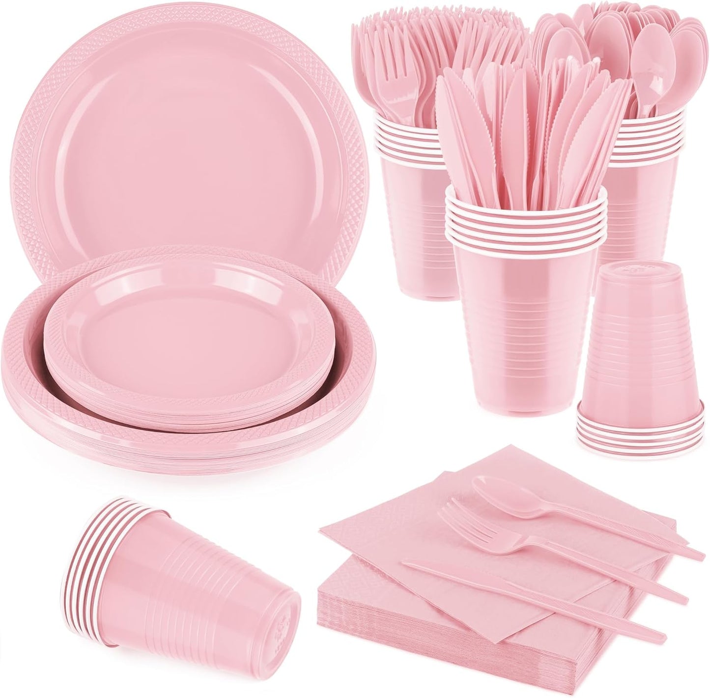 Aodaer 200 Pieces Pink Party Supplies Disposable Dinnerware Set Include Plastic Plates Cups Knives Forks Spoons Paper Napkins for Birthday Wedding Graduation Parties, Serve 25 Guests