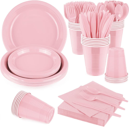 Aodaer 200 Pieces Pink Party Supplies Disposable Dinnerware Set Include Plastic Plates Cups Knives Forks Spoons Paper Napkins for Birthday Wedding Graduation Parties, Serve 25 Guests