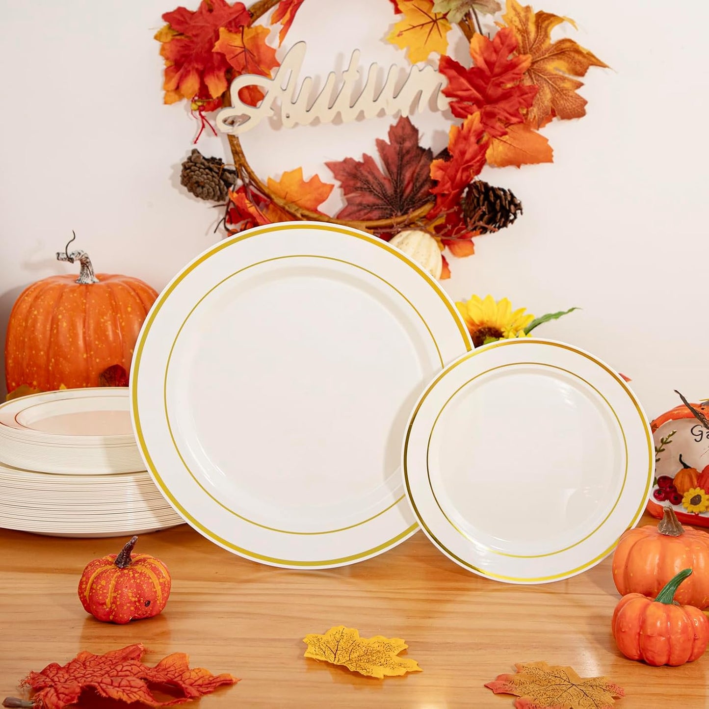 U-QE 100pcs Thanksgiving Plastic Plates for Party - Ivory Gold Plastic Plates Disposable Heavy Duty - Include 50 10" Dinner and 50 7" Dessert Plate, Perfect for Party, Wedding, Fall & Friendsgiving