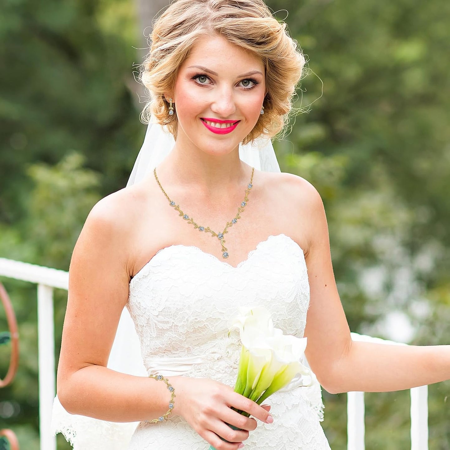 Hadskiss Jewelry Set for Women, Necklace Dangle Earrings Bracelet Set with White AAA Cubic Zirconia, Allergy Free Wedding Party Jewelry for Bridal Bridesmaid