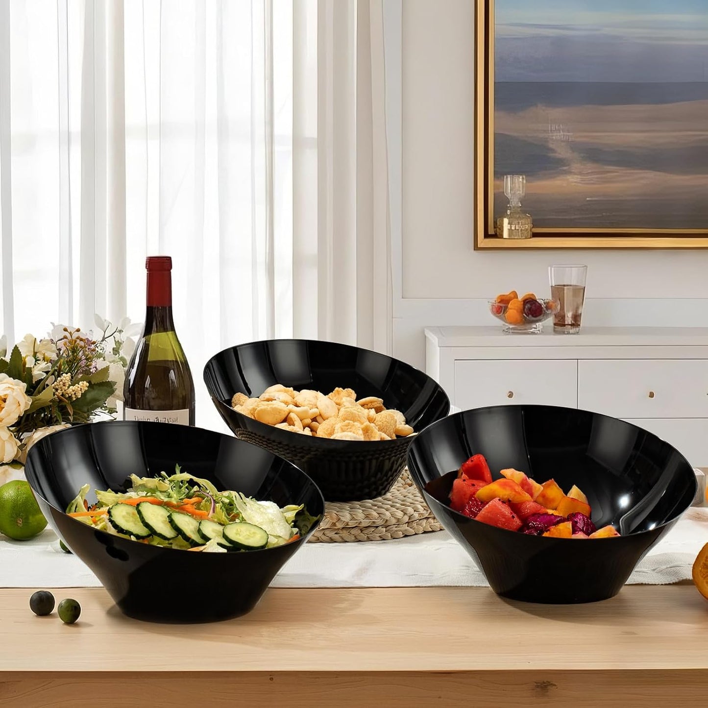 BESTVIP 54oz Black Plastic Serving Bowls for Party - 12 Pack Angled Disposable Serving Bowls, Party Bowls for Chips, Snacks, Fruit, Salad - Catering Bowls for Daily Use, Parties,Halloween, Christmas