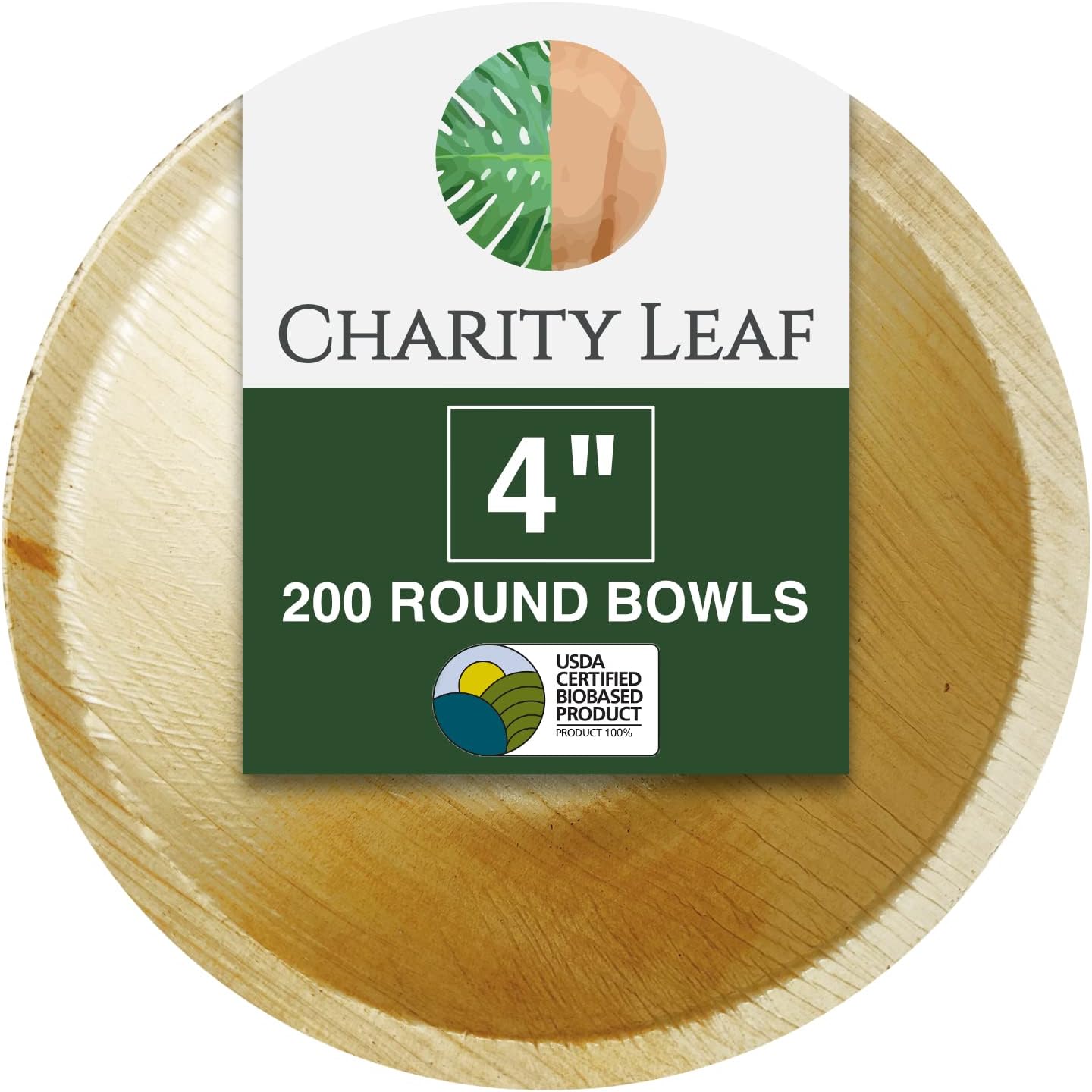 Charity Leaf Disposable Palm Leaf 4" Round Bowl (200 pcs) Dipping Bowls | Bamboo Like| All Natural and Biodegradable | Charcuterie Boards, BBQs, and Parties