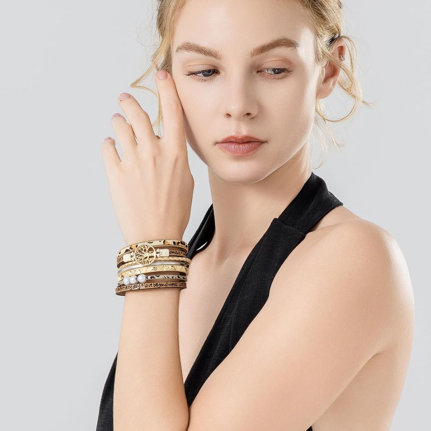 FANCY SHINY Tree of Life Leather Wrap Bracelet Inspirational Cuff Bangles Boho Pearl Bracelets with Magnetic Clasp Unique Jewelry Gifts for Women