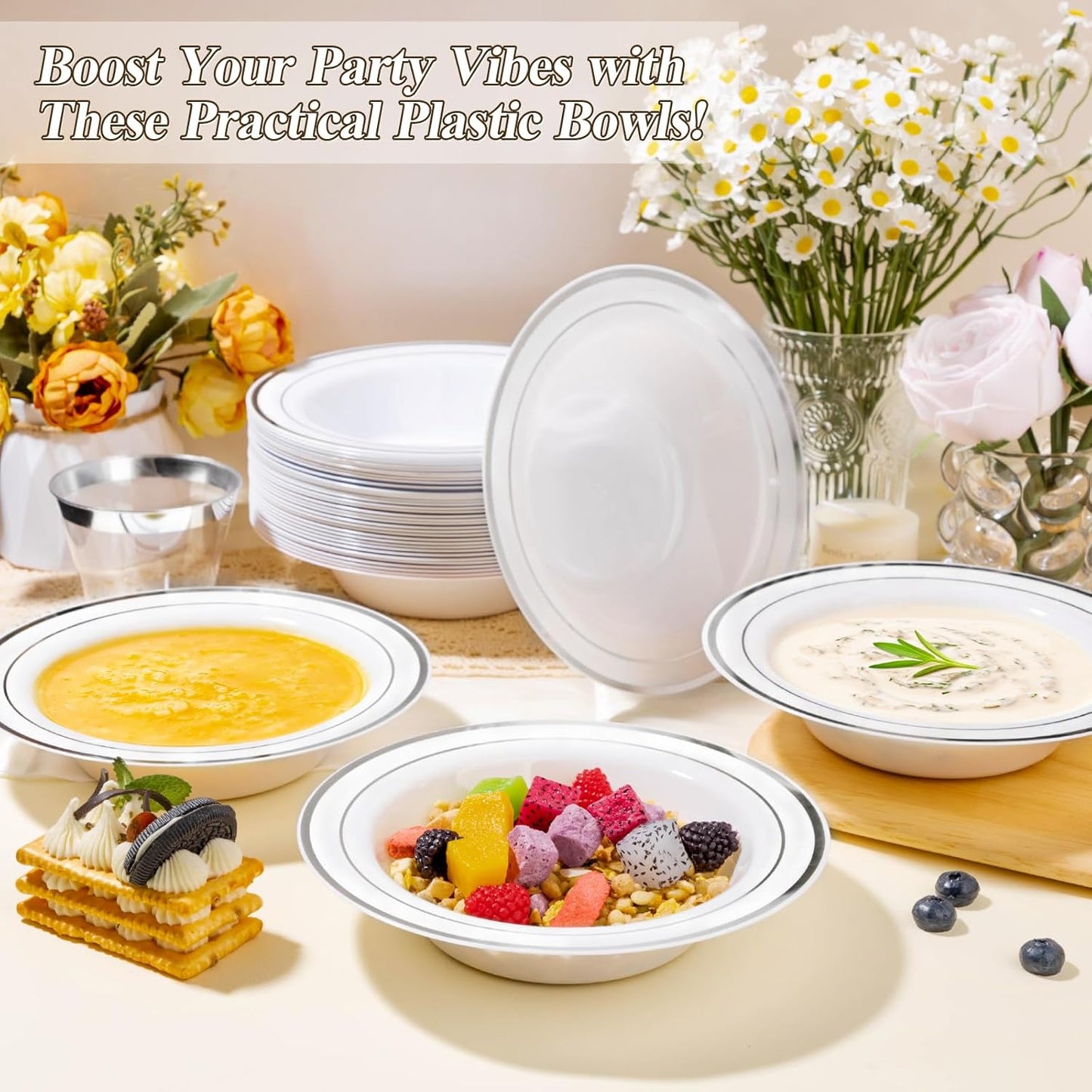 50 Pack Disposable Soup Bowls with Silver Rim, 12oz Premium Heavy Duty Plastic Dinner Bowls for Party, Wedding and Holiday