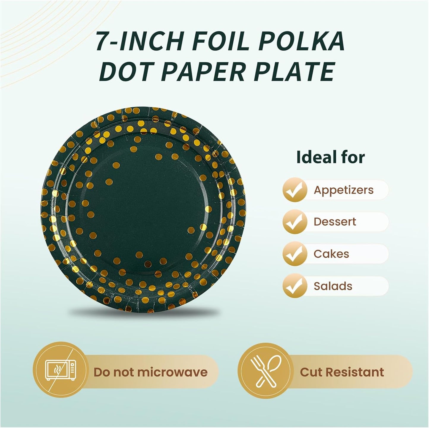 75PCS Paper Plates and Napkins Set - Green and Gold Dot Disposable Party Dinnerware Includes Paper Plates, Napkins, Forks Decorations for Father's Day Graduations Birthdays and Weddings, Serves 25