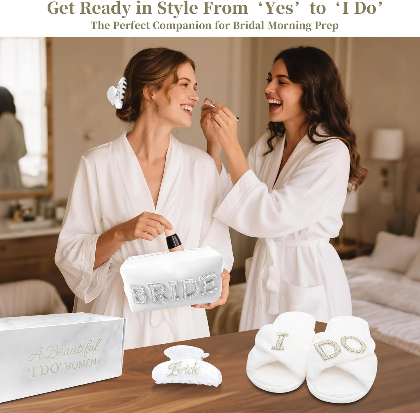 Bridal Shower Gifts, Bride To Be Gift Set, Wedding Gifts for Bride, Bachelorette Gifts for Bride, Engagement Gift for Her, Bachelor Party Christmas Gifts, Makeup Bag, I DO Slippers, Hair Clip