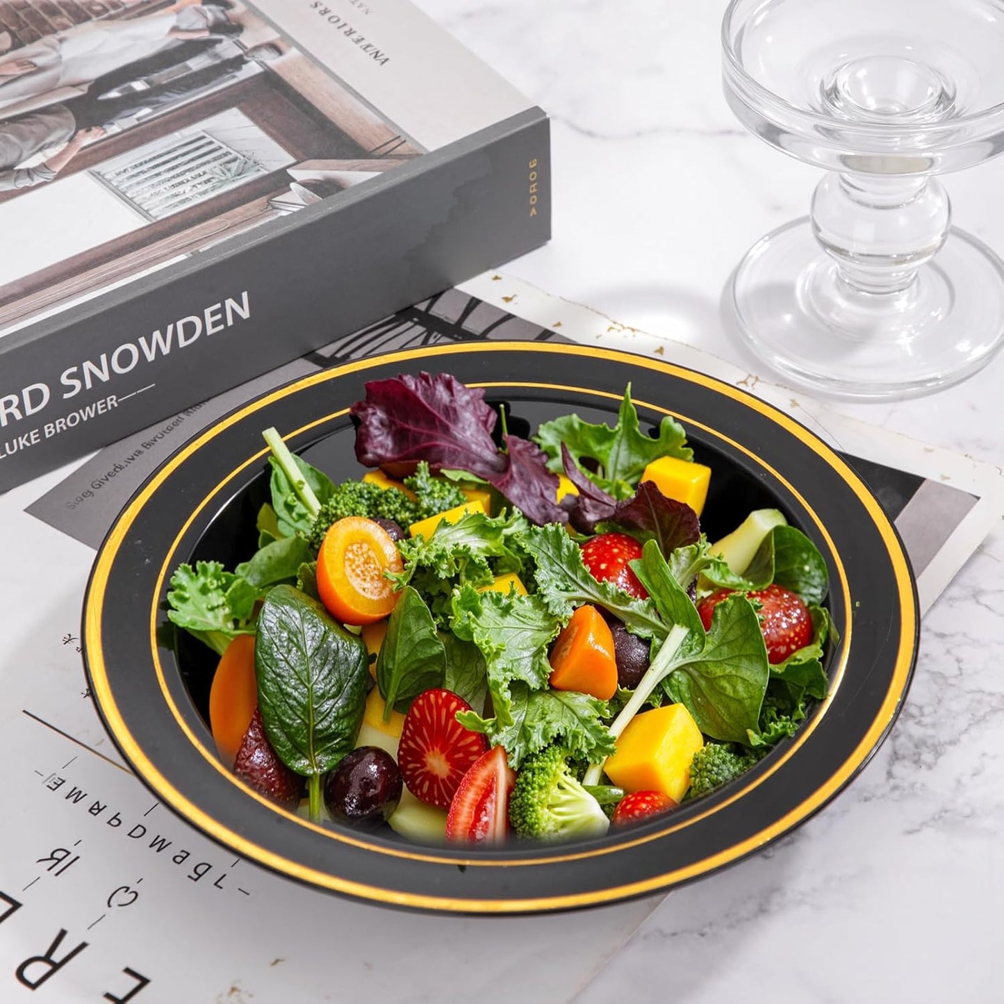 bUCLA 60 Pack Black Plastic Bowls with Gold Rim - 12 oz Plastic Soup Bowls Disposable for Wedding, Party, Gathering & New Year