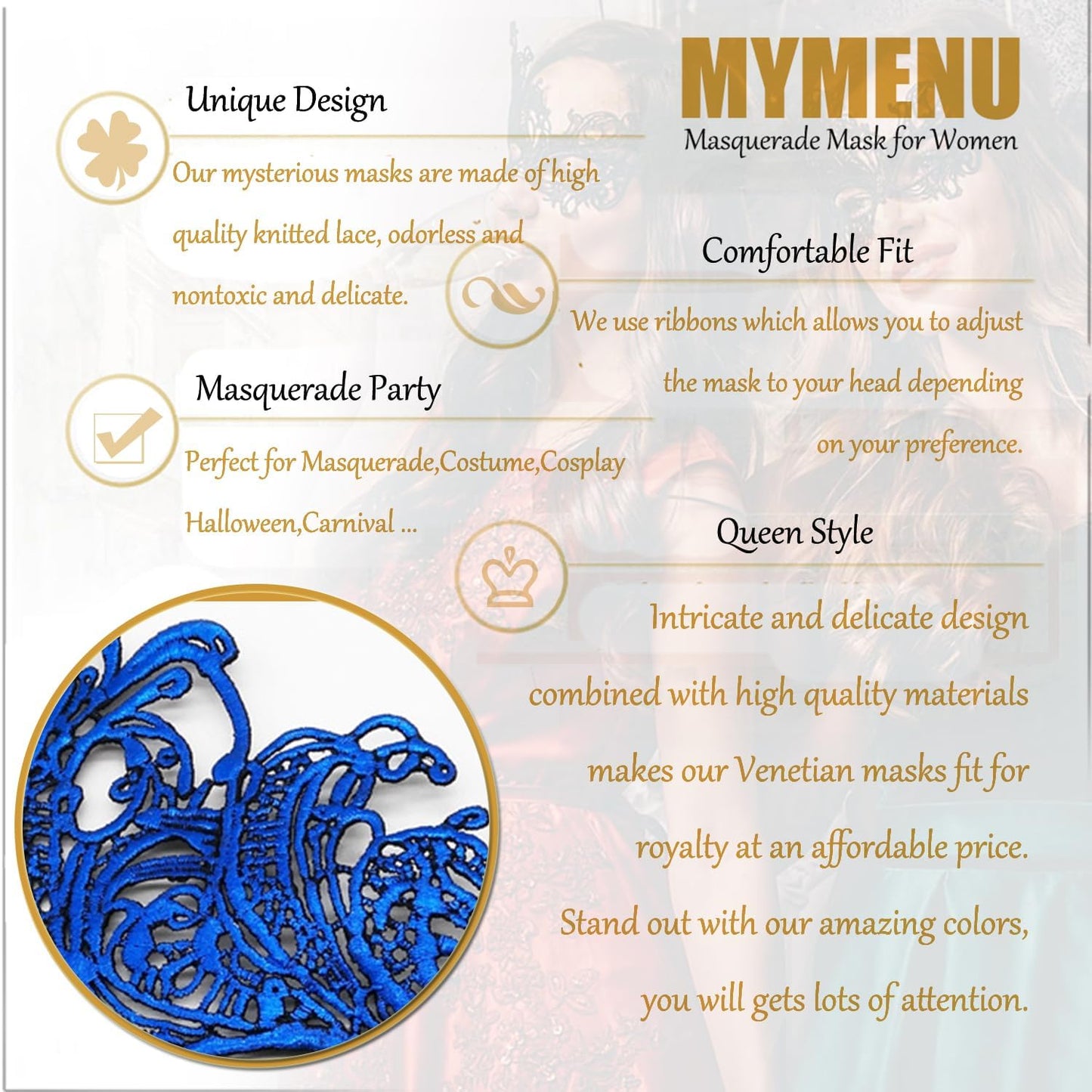 MYMENU Masquerade Mask for Women Couple Mardi Gras Mask for Men Venetian Halloween Mask for Party Prom Ball
