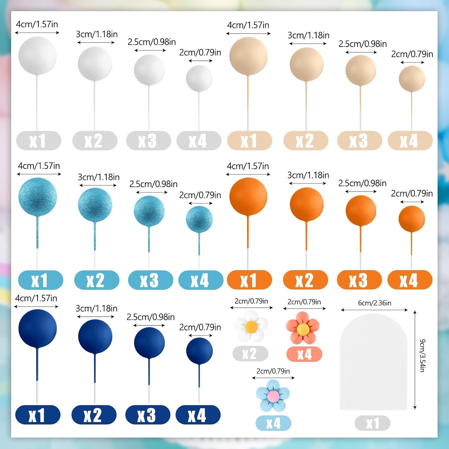 61 Pcs Boho Cake Topper Balls Decorations Mini Balloon Cake Topper Retro Hippie Daisy Flower Acrylic Ball Cake for Birthday Party Wedding Rainbow Baby Shower (Blue Orange)