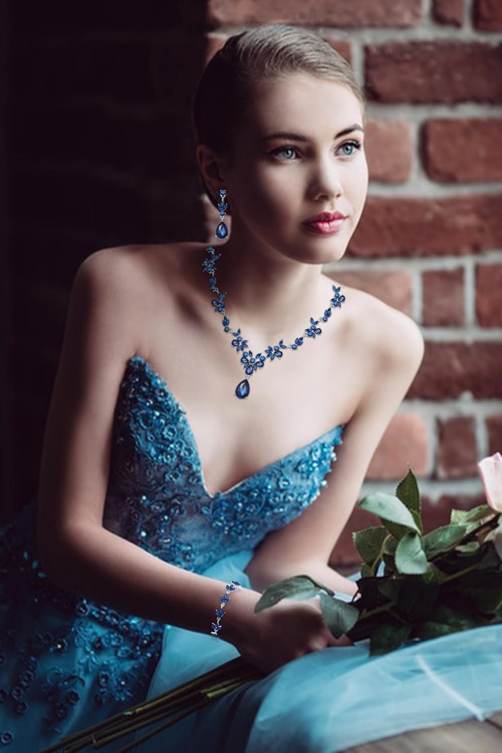 Bridal Wedding Elegant Floral Jewelry Set for Women/Brides/Bridesmaids Crystal Jewelry Set for Wedding Prom Party Bridal Crystal Necklace Earrings Bracelet Set