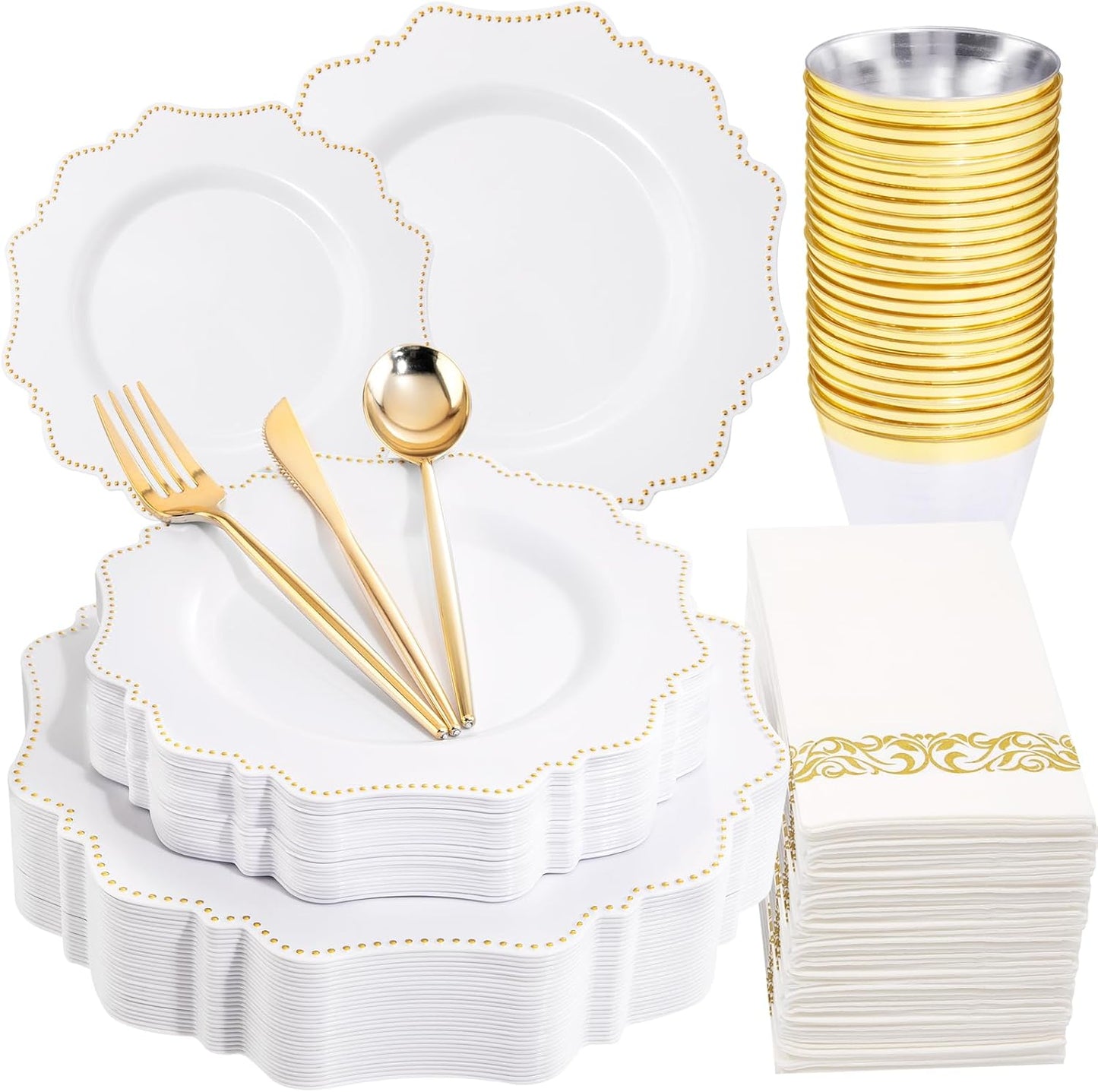 COLOSUS 175pcs Plastic Party Plates Disposable Plastic Dinnerware set. 25guests White Gold Dinner & Dessert Plates with Silverware Cups and Napkins for Party Dinner and Wedding