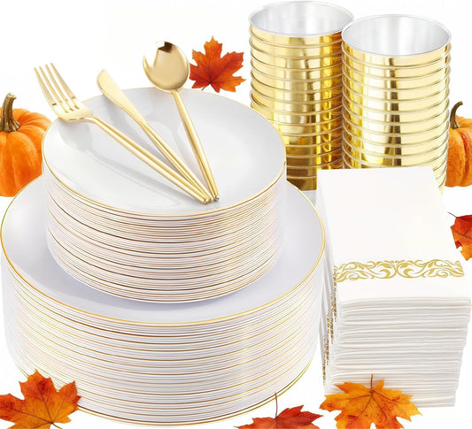 MirthMood 350Pcs White and Gold Dinnerware Set, Gold Party Plates Includes:50 Dinner Plates, 50 Dessert Plates, 150 Gold Plastic Cutlery,50 Paper Towels & 50 Cups