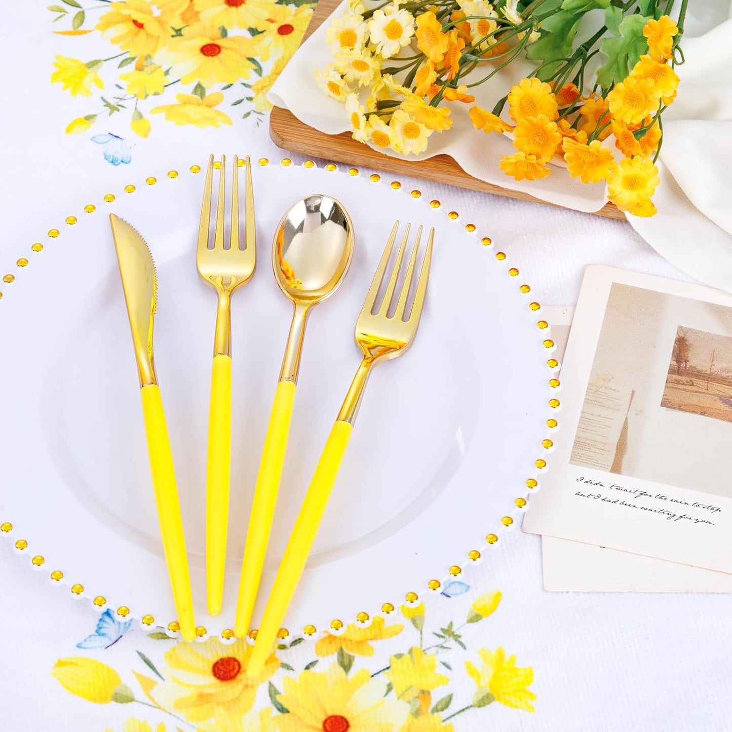 Supernal 102Pcs Gold Plastic Silverware, Gold Disposable Utensils with Yellow Handle, Yellow Plastic Silverware Heavy Duty Include 34 Forks, 34 Knives and 34 Spoons Perfect for Party, Mother's Day
