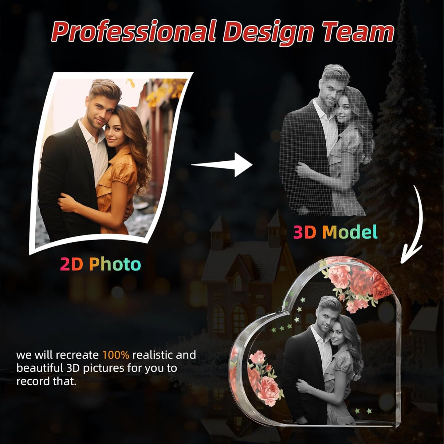 Artmosphere 3D Crystal Photo, Personalized Gifts for Women, Wife, Men, Mom, Father, Her, Him, Dad, Grandpa, Great Customized Gift With Your Own Photo, Custom Glass 3D Laser Etched Picture Wedding - Red Rose