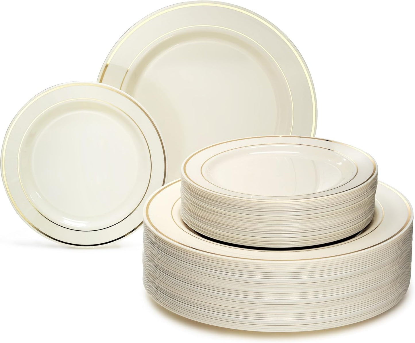 " OCCASIONS " 40 Plates Pack, Heavyweight Disposable Wedding Party Plastic Plates (6.25'' Dessert/Bread Plate, Ivory & Gold Rim)