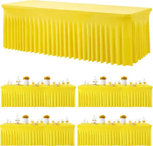 4 Pack Yellow Spandex Tablecloths for 8 Foot Rectangle Tables, Wrinkle Free Lemon Fitted Tablecover 8ft Stretchy Table Clothes with Skirt for Weddings Birthday Party Banquet Baby Shower