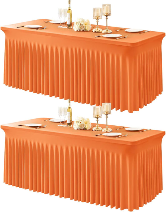 2 Packs Orange Table Clothes for 4 Foot Rectangle Tables, One-Piece Wrinkle Resistant Stretch Spandex Table Covers with Skirt for Event Banquet Wedding Birthday Party