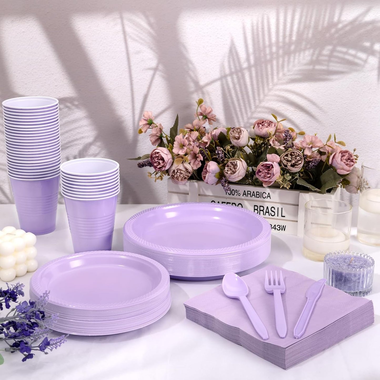 WELLIFE 210Pcs Lavender Plates,Light Purple Plastic Dinnerware Set,Party Supplies Including purple plates, 12OZ Cups, plastic Cutlery and Paper Napkins Serve 30 Guests, Disposable Plates for Party