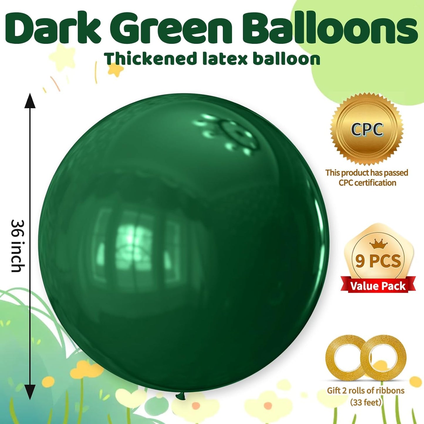 KAWKALSH Dark Green Giant Balloons 36 Inch, 9pcs Jumbo Green Balloons Large Round Emerald Green Latex Balloons for Baby Shower Christmas Jungle Safari Theme Party Decorations