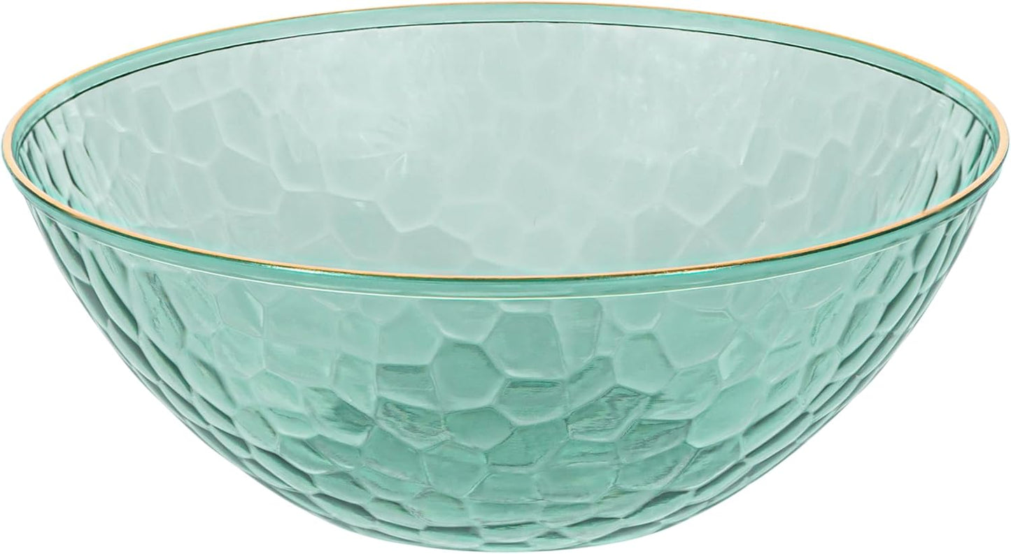 PLASTICPRO 30 Pack 12 Ounce Hammered Plastic Bowls Translucent Green with Gold Rim Heavyweight Disposable Plastic Soup Bowls Elegant Translucent Hammered Gold Rim Platsic Party Dishes