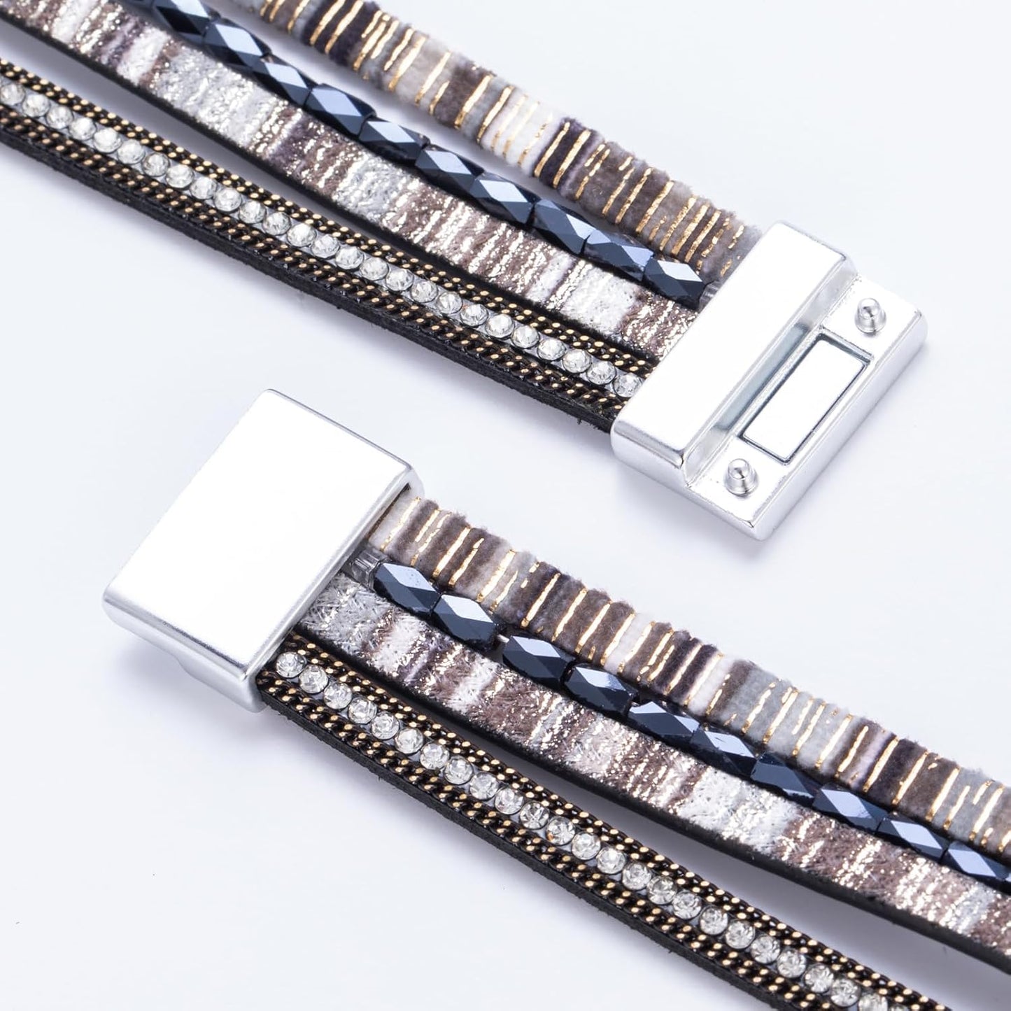 FANCY SHINY Leather Wrap Bracelet Boho Cuff Bangle Bracelets Crystal Bead Bracelet with Magnetic Clasp Jewelry Gifts for Women