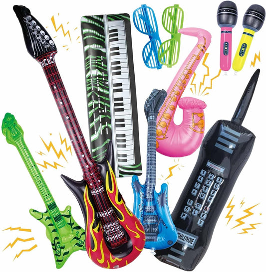 10 Pieces Inflatable Instruments Party Props Set Photo Booth Props Inflatable Guitar Saxophone Bass Lute Microphone Recorder Piano Theme Party Rock Toys Decorated Vintage Period Party