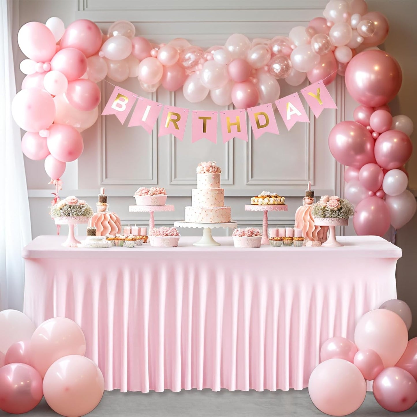 4 Packs Pink Table Clothes for 8 Foot Rectangle Tables, One-Piece Wrinkle Resistant Stretch Spandex Table Covers with Skirt for Event Banquet Wedding Birthday Party